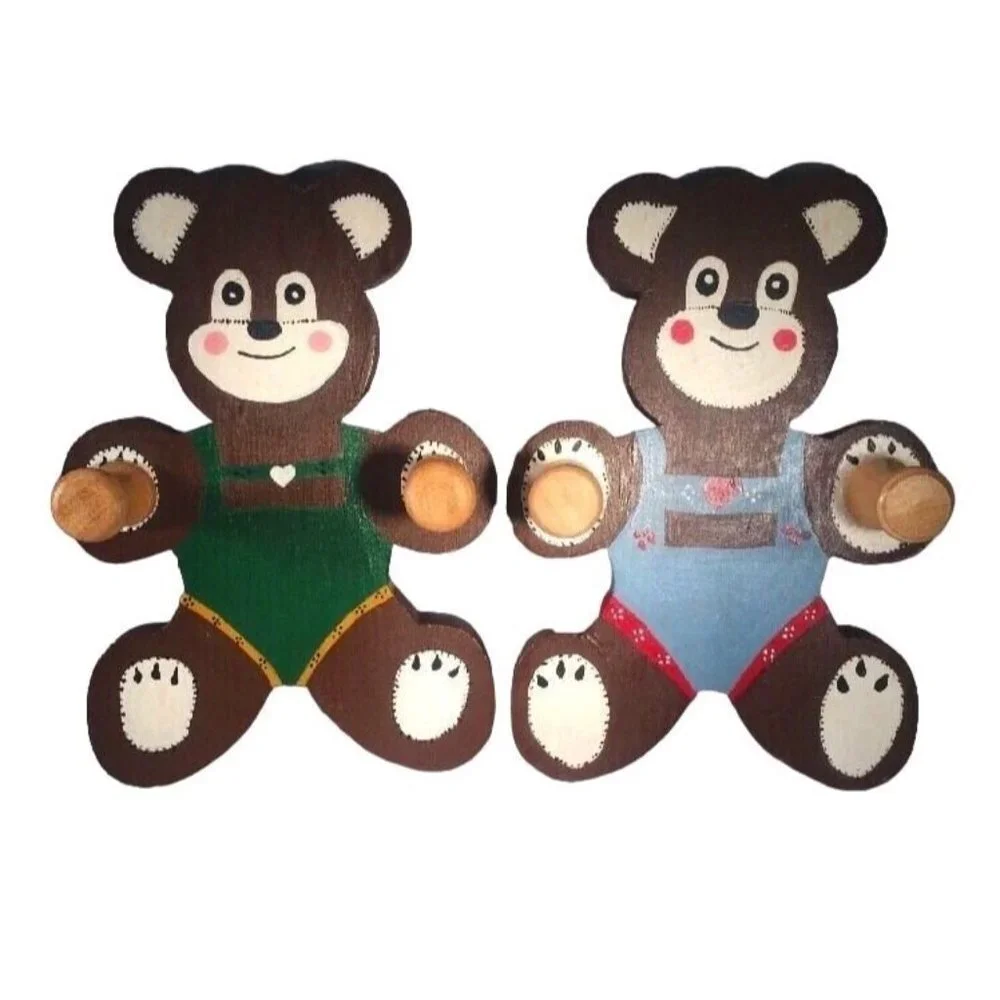 VTG 80s ‎ Roy Woodell Handmade Wooden Bear Coat Hook Pair Kids Wall Decor Rustic